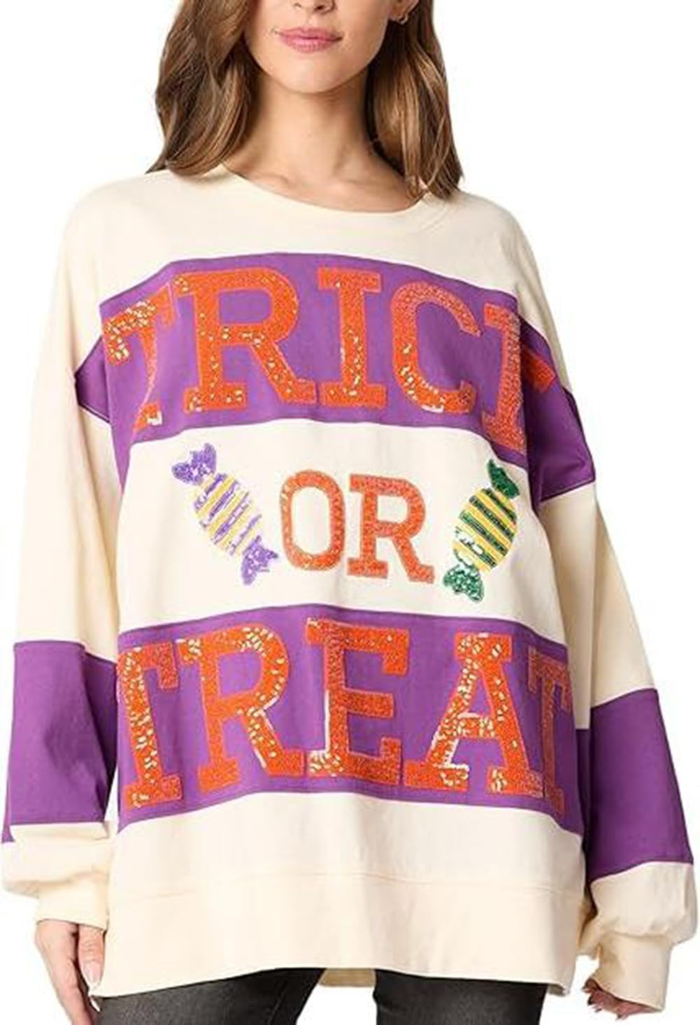 Pinclodly Halloween Sweatshirts for Women Sequin Color Block Crewneck Sweatshirts Long Sleeve Glitter Cute Sweatshirts | Amazon (US)