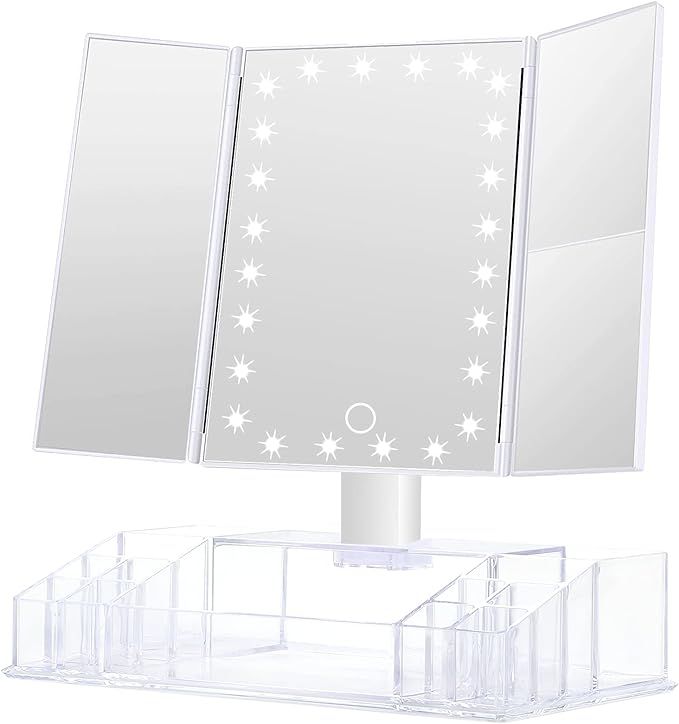 GULAURI Makeup Mirror with Lights and Storage - 3x/2x Magnification, Tri-Fold Cosmetic Vanity Mir... | Amazon (US)
