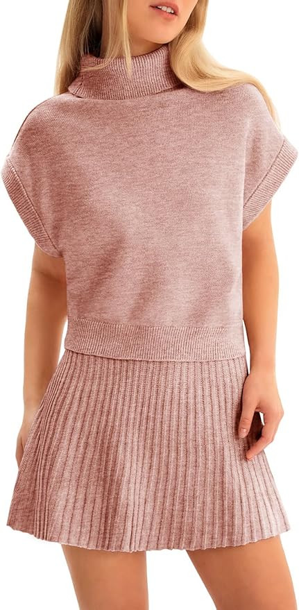 Tankaneo Womens Skirt 2 Piece Sets Sweater Set 2025 Turtleneck Cap Sleeve Crop Top and Pleated Mi... | Amazon (US)