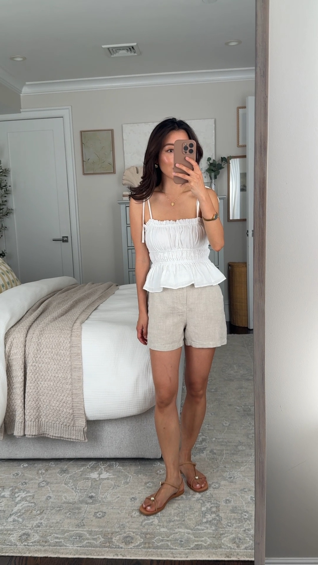 Sandals are 60% off final sale! If between half sizes go with the bigger half.
• Loeffler Randall sandals 5.5
• linen shorts 00
• tank XXs, I could possibly also do Xs