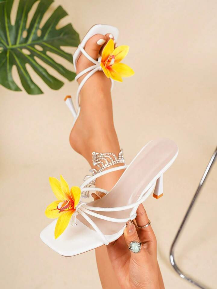 Planare Square Toe Slip-On Women's Fashion Casual Elegant Floral PU Stripe Comfortable Summer White Flat Sandals, Available In Multiple Colors | SHEIN