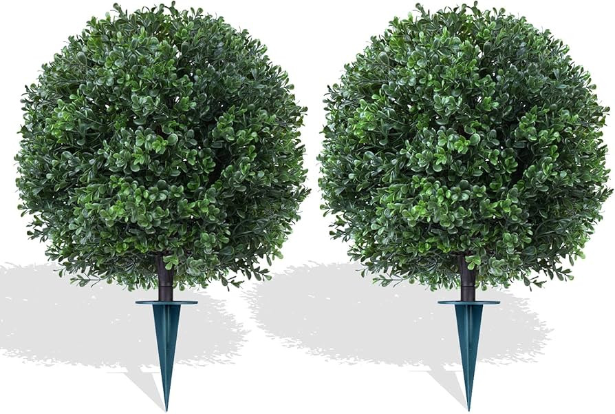 Artificial Boxwood Topiary Trees with Ground Spike,2 Pieces Fake Pine Shrubs Bushes, UV Resistant... | Amazon (US)