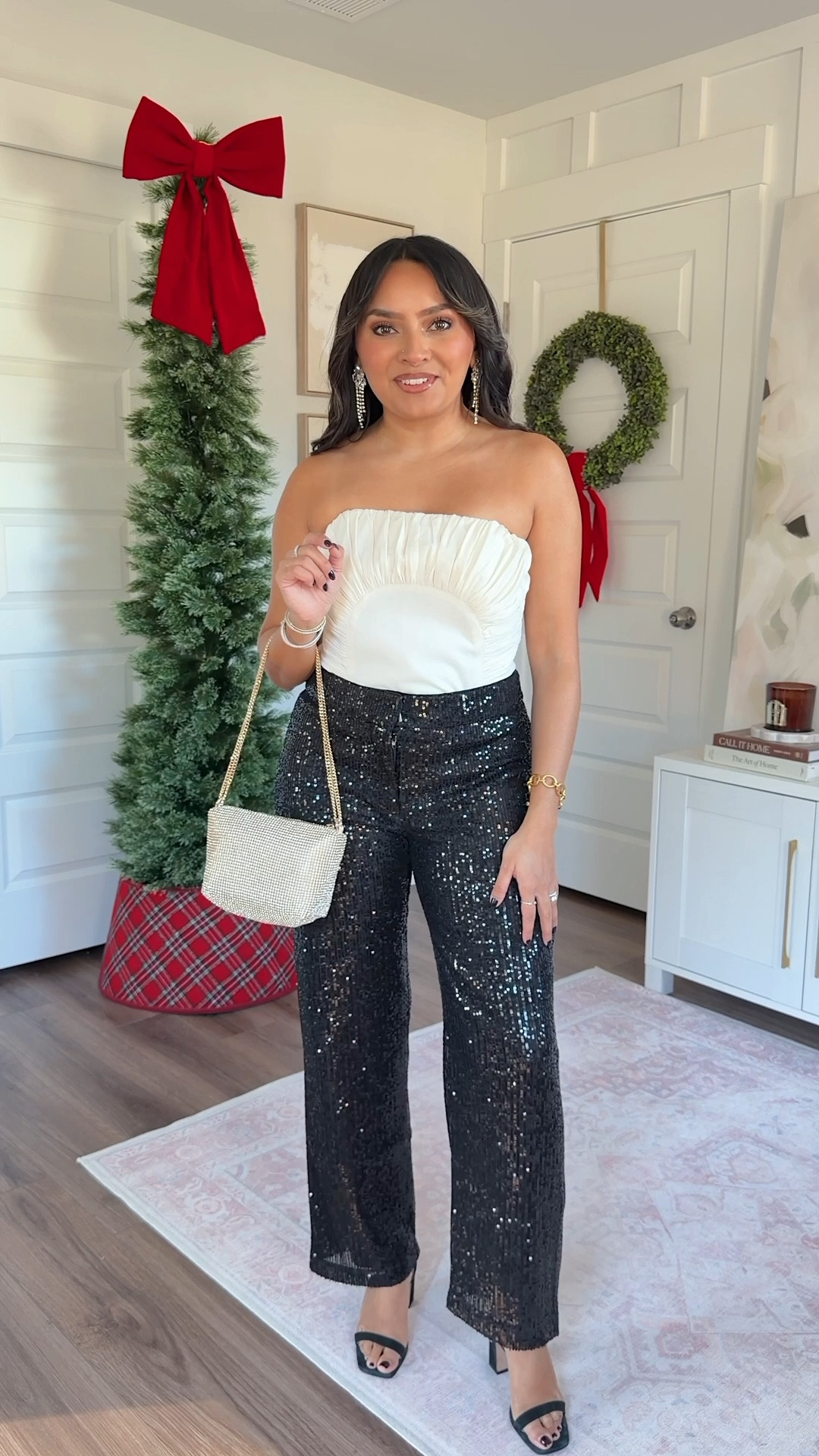 White bustier top size 0 petite TTS
Black sequin pants size 2 petite TTS
Black heels are old - similar linked

#LTKPetite #LTKHoliday #LTKSaleAlert