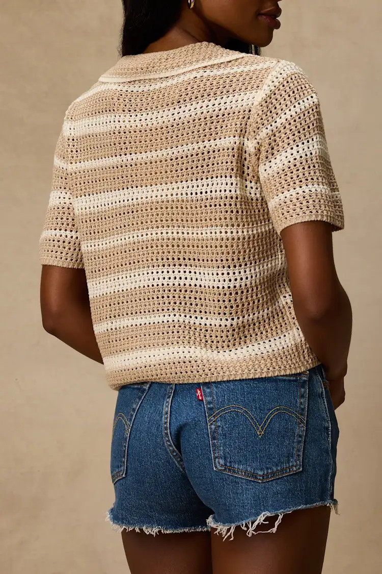Bebe Beige Striped Crochet Collared Top | Lulus