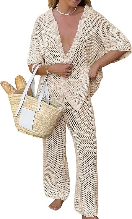 Famulily Womens Sexy Hollow Out Swimsuit Cover Up Crochet Net Beach Sets Button Down Shirt and Wi... | Amazon (US)