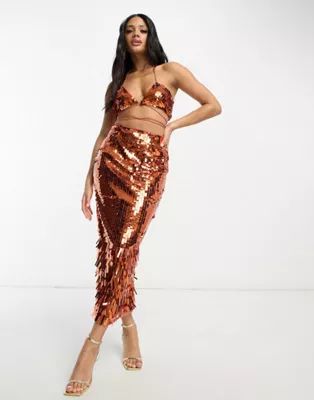 ASOS LUXE sequin tie wrap bralette top and midi skirt set in copper | ASOS (Global)
