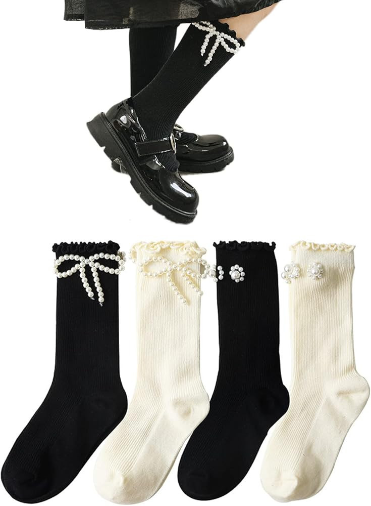Little Kids Girl Princess Dress Socks with Pearl Bow Knee High Elegant Unique Mary Janes Socks Un... | Amazon (US)
