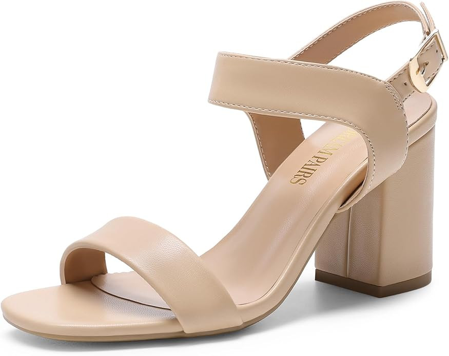 DREAM PAIRS Women's High Chunky Heels Square Toe Block Ankle Strap 3 inch Comfortable Heeled Sand... | Amazon (US)