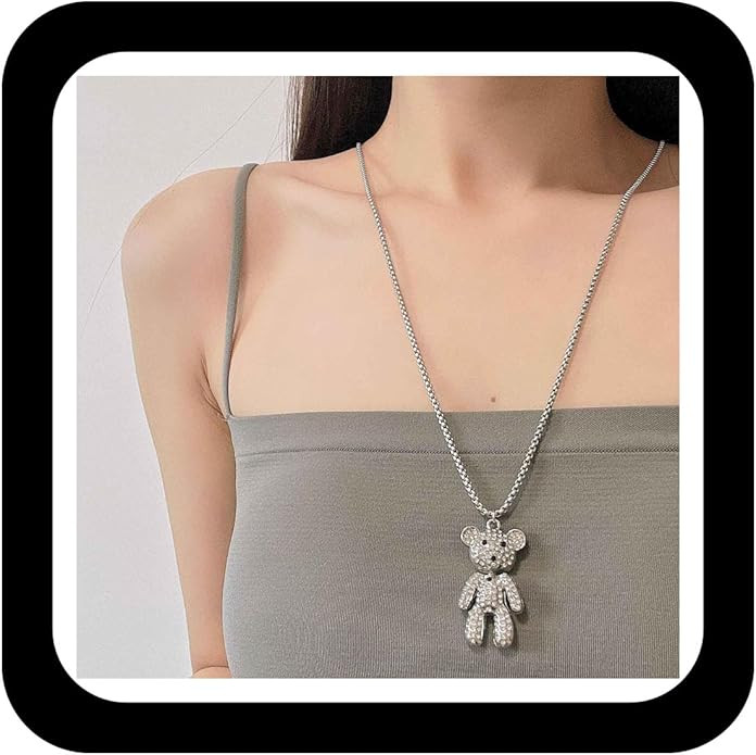 Cubic Zirconia Bear Necklace Full Diamond Teddy Bear Pendant Necklace Silver Long Box Chain Neckl... | Amazon (US)