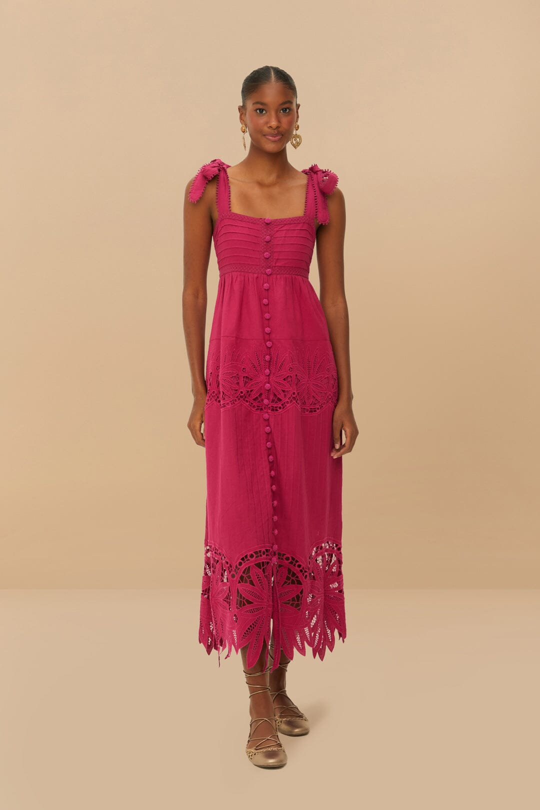 pink daisy embroidered sleeveless midi dress | FarmRio (US)