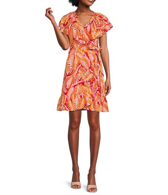 Linen Printed Ruffle Cap Sleeve Surplice V-Neck High-Low Wrap Dress | Dillards