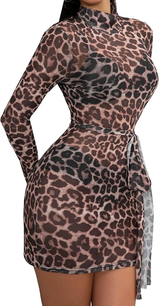 Womens Bodycon Mesh Long Sleeve Mini Sheer Dress Sexy Mock Neck Printed Club Beach Party See Thro... | Amazon (US)