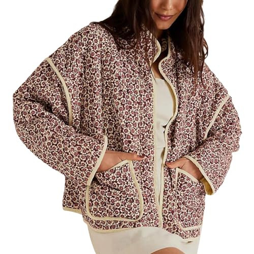 Women Floral Printed Quilted Lightweight Jackets Cropped Puffer Long Sleeve Open Front Cardigan Padded Puffy Coat (Wine Red, L) | Amazon (US)