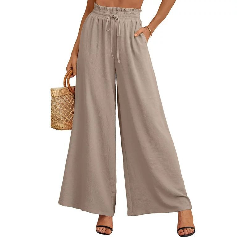 SHOWMALL Women's Pants Casual Elastic Waist Wide Leg Pants Wheat S Palazzo Pants with Pockets | Walmart (US)