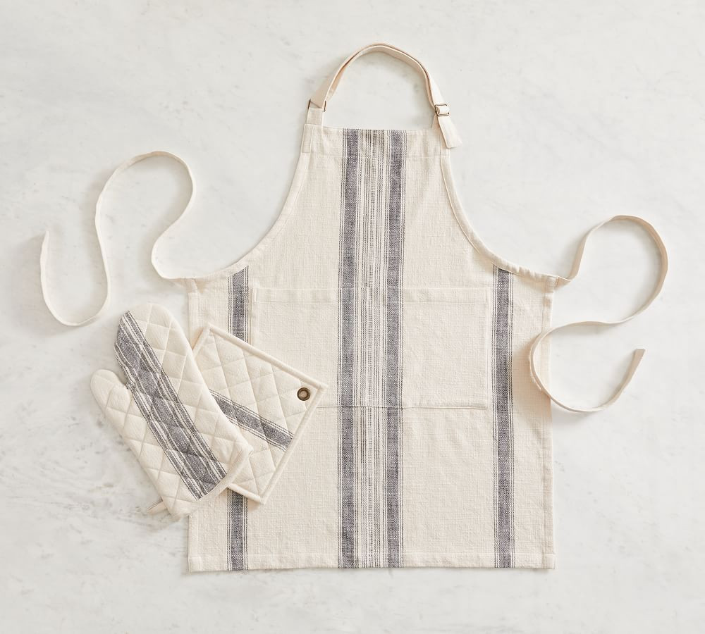 French Striped Organic Apron, Oven Mitt, & Pot Holder Set of 3 - Charcoal/Flax | Pottery Barn (US)