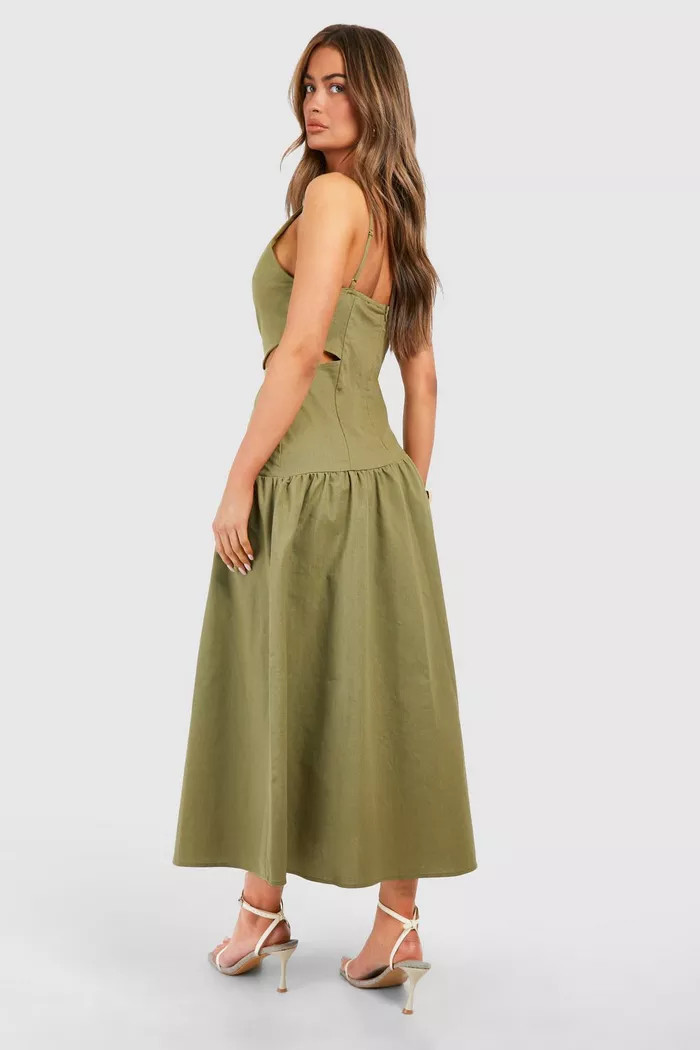 Linen Cut Out Asymmetric Midi Dress | boohoo (US & Canada)