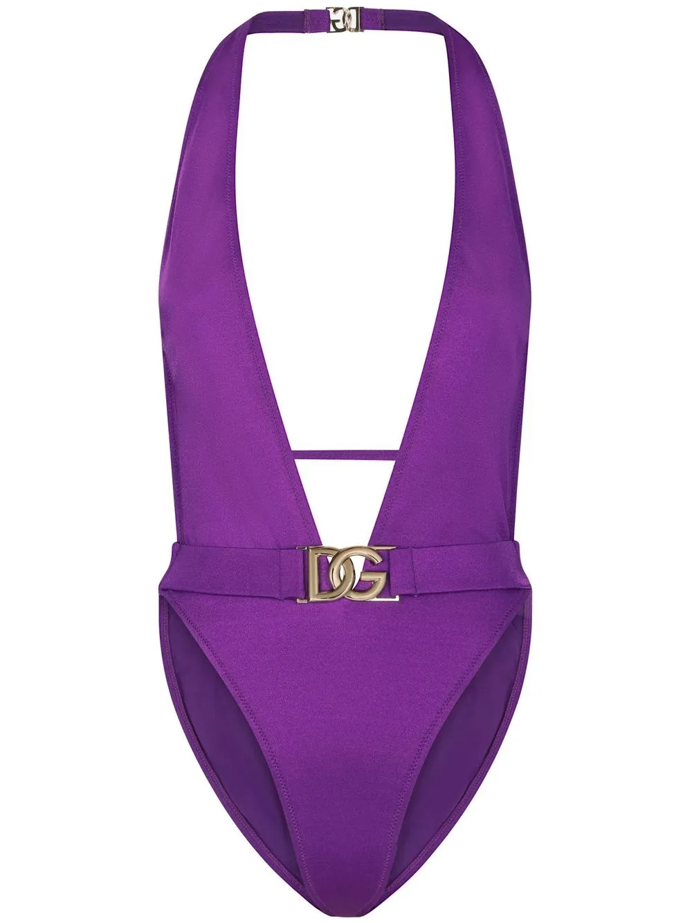 Dolce & Gabbana logo-plaque Halterneck Swimsuit | Purple | FARFETCH | Farfetch Global