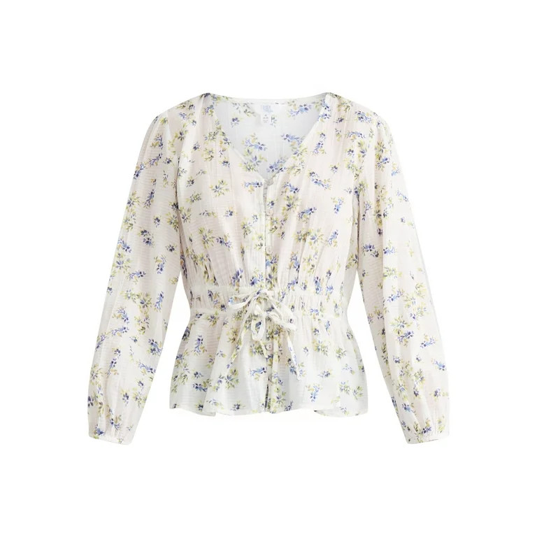 Time and Tru Women's Floral Print Tie Waist Blouse, Sizes S-XXXL | Walmart (US)