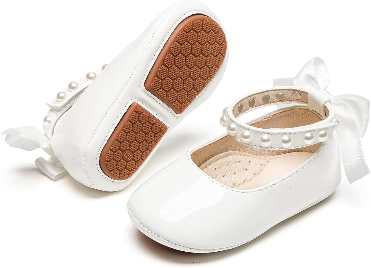 Baby Girls Mary Jane Flats - Infant Newborn Walking Shoes Soft Rubber Sole Princess Wedding | Amazon (US)