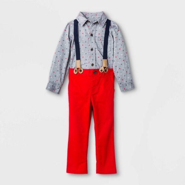 Toddler Boys' Valentine's Day Suspender Woven Top & Bottom Set - Cat & Jack™ Gray/Red | Target