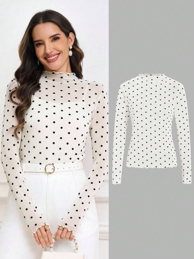 Ellevyn Dames Ronde Hals Gebreide Elastische Getailleerde Zwart-Witte Stippen Gevlokte Elegante Casual Forensentop, Herfst/Winter | SHEIN