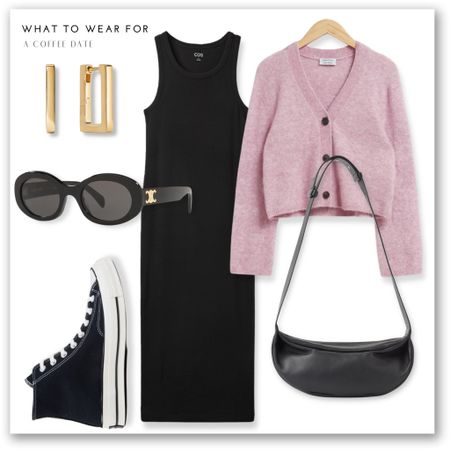 A coffee date 👟 

Casual style, black midi dress, cos, pink cardigan, black crossbody bag, Celine sunglasses, converse chucks, gold hoops 

#LTKSeasonal #LTKeurope #LTKstyletip