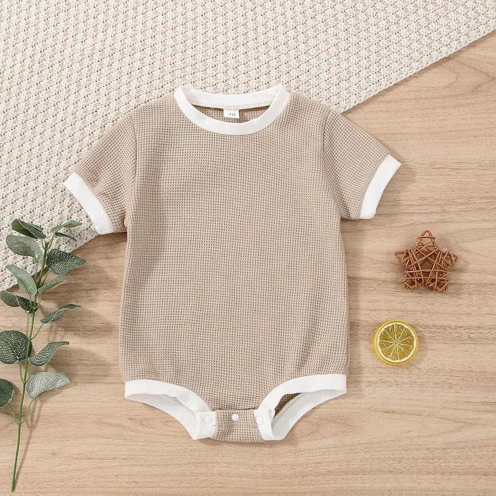 Unisex Baby Girl Boy Romper Short Sleeve Shirt Waffle Knitted Onesie Crewneck Bodysuit Summer Clothe | Amazon (US)