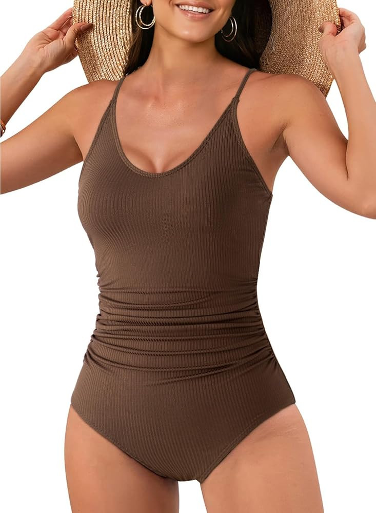 Aleumdr Women's High Cut One Piece Swimsuit Ruched Tummy Control Bathing Suit Sexy Cross Back Swi... | Amazon (US)