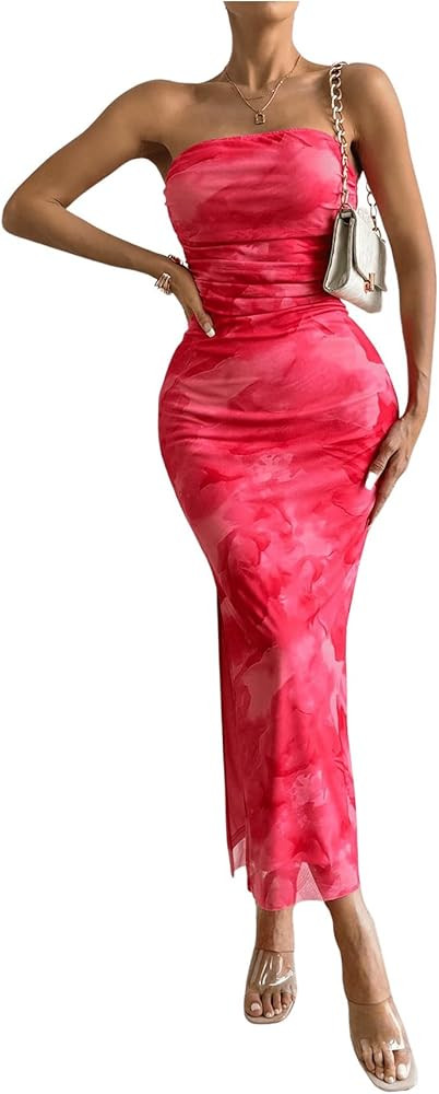 GORGLITTER Women's Mesh Floral Strapless Bodycon Maxi Dress Ruched Tube Long Dresses with Slit | Amazon (US)