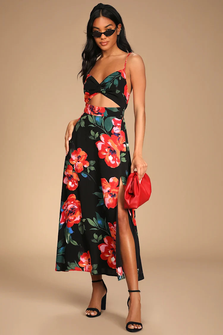 Tropical Blooms Black Floral Print Tie-Back Cutout Maxi Dress | Lulus (US)