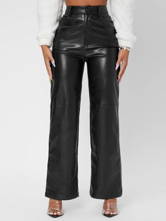 SHEIN PETITE Solid High Waist Straight Leg PU Leather Pants | SHEIN