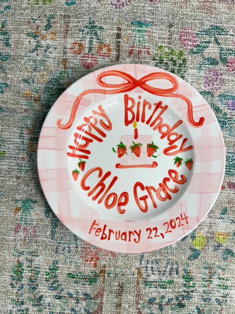Strawberry Girls Birthday Plate // Pink Gingham Ribbon // First Birthday // Pink and White // Sma... | Etsy (US)
