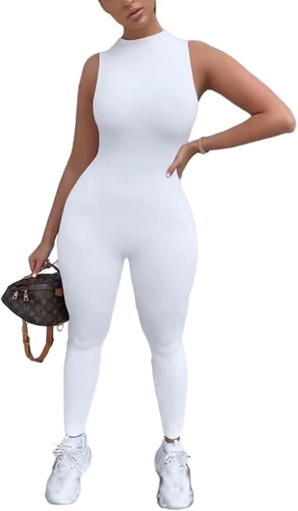 EOJN Women's Sexy Bodycon Jumpsuit One Piece,Sleeveless Zipper Pants Rompers Jumpsuit | Amazon (US)