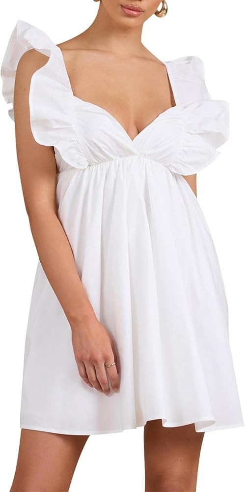 hibshaby Womens Sexy Deep V Neck Ruffle Sleeve Mini Dress Backless Lace Up Summer Dresses | Amazon (US)