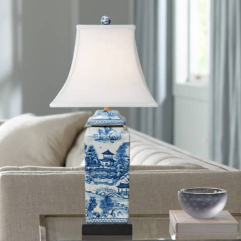 Ari Chinoiserie 23" Traditional Blue and White Square Jar Table Lamp | Lamps Plus