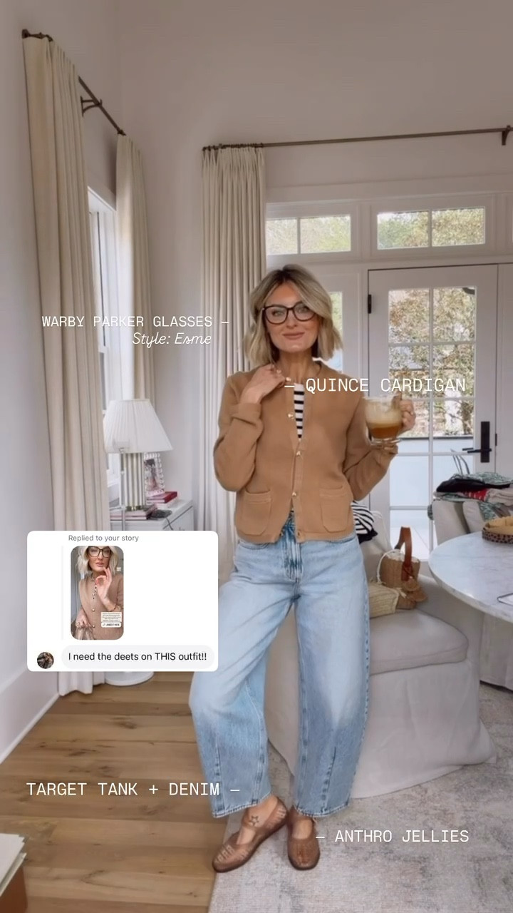 Such a classic, spring look! Love this new cardigan I just got from @Quince - this is such a great closet staple! Wearing it over a striped tank & with barrel jeans! I’m wearing a size S in th cardigan, XS in the tank, & 4 in the jeans!

Loverly Grey, Target, quince, barrel jeans, jelly flats, spring outfit 

#LTKSeasonal