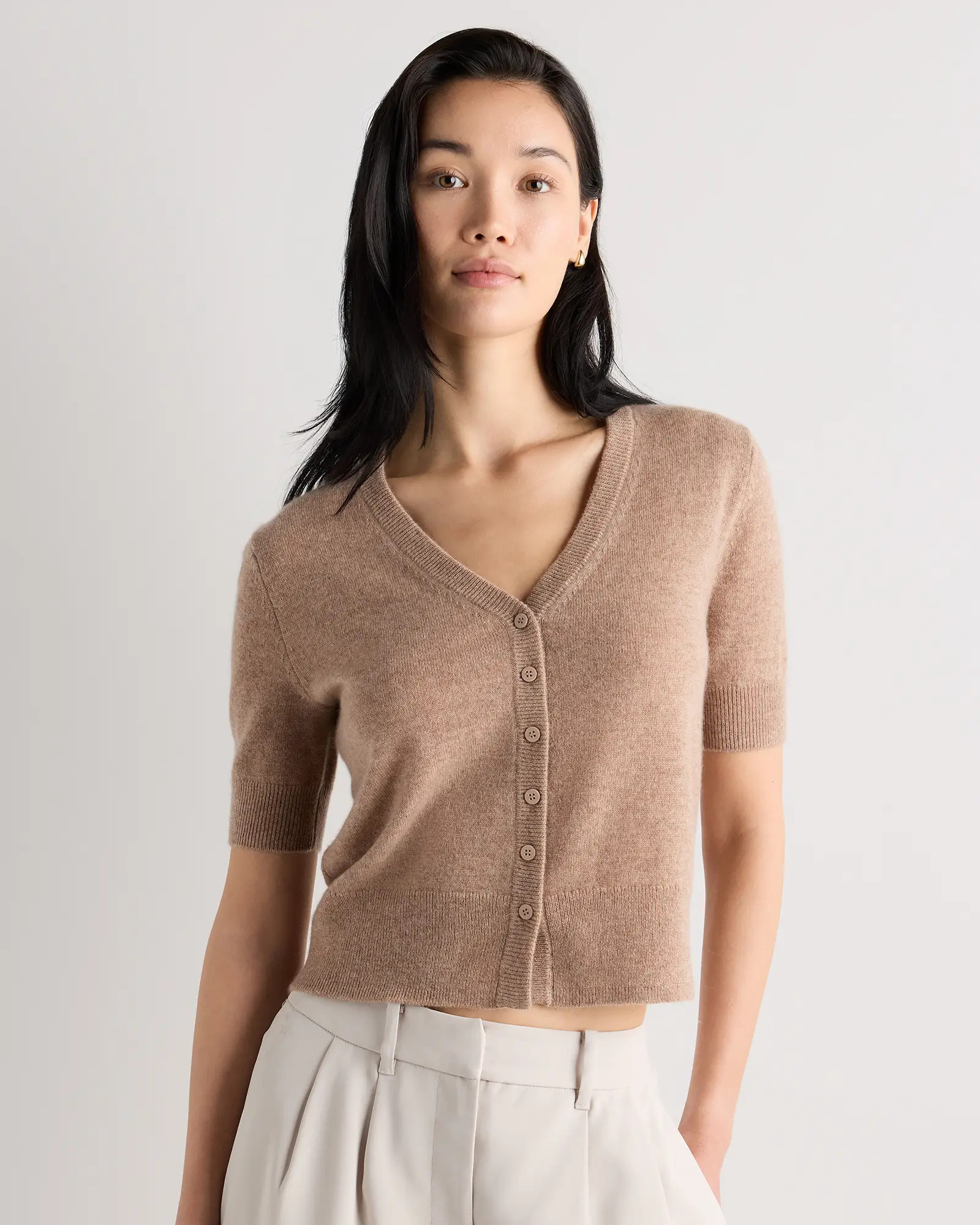 Mongolian Cashmere Short Sleeve Cardigan in Oatmeal | Quince