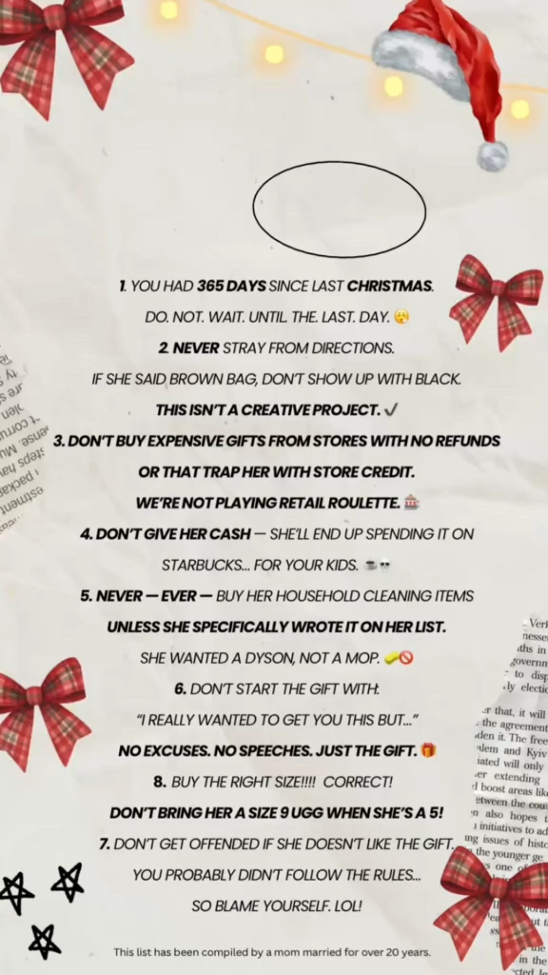 If your husband needs this… just send it to him. 🎁😂
The annual reminder that gift-giving is NOT rocket science.
Ladies, did I miss any rules? 👀👇

#HolidayGiftGuide #MomLife #MomHumor #MarriageHumor #HolidayRules #ChristmasGiftGuide #ForMomFromDad #TikTokMadeMePostThis #RelatableContent #HolidaySeason #MomOfGirls #FunnyMoms #MarriedLife #GiftList #ChristmasCountdown #MomTok #HolidayTok #WifeLife


#LTKCyberWeek #LTKHoliday #LTKGiftGuide
