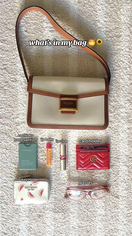 card holder is sold out in red (linking black), key holder is sold out, and glasses are YSL (from my eye doctor)

code loveyourhands for 20% noshinku hand sanitizer 
bags, shoulder bag, purse, crossbody purse, kate spade purse, gucci card case, card holder, burts bees, lip balm, key holder, ysl lipstick