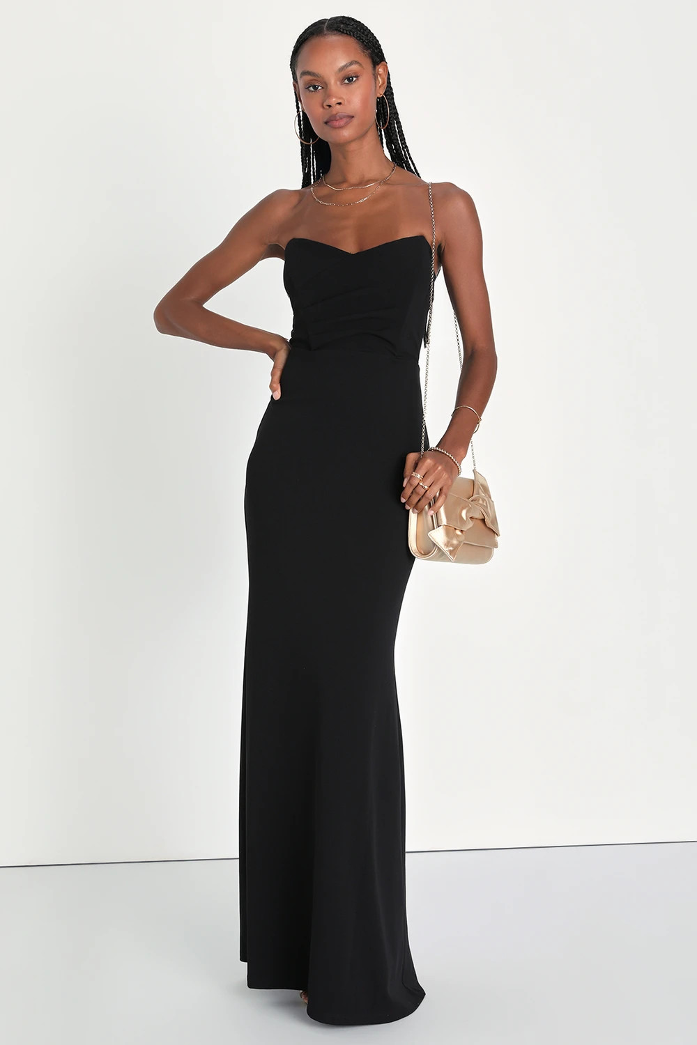 Iconic Arrival Black Strapless Bustier Mermaid Maxi Dress | Lulus