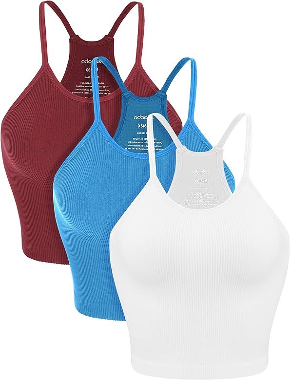 ODODOS Women's Crop 3-Pack Washed Seamless Rib-Knit Camisole Crop Tank Top | Amazon (US)
