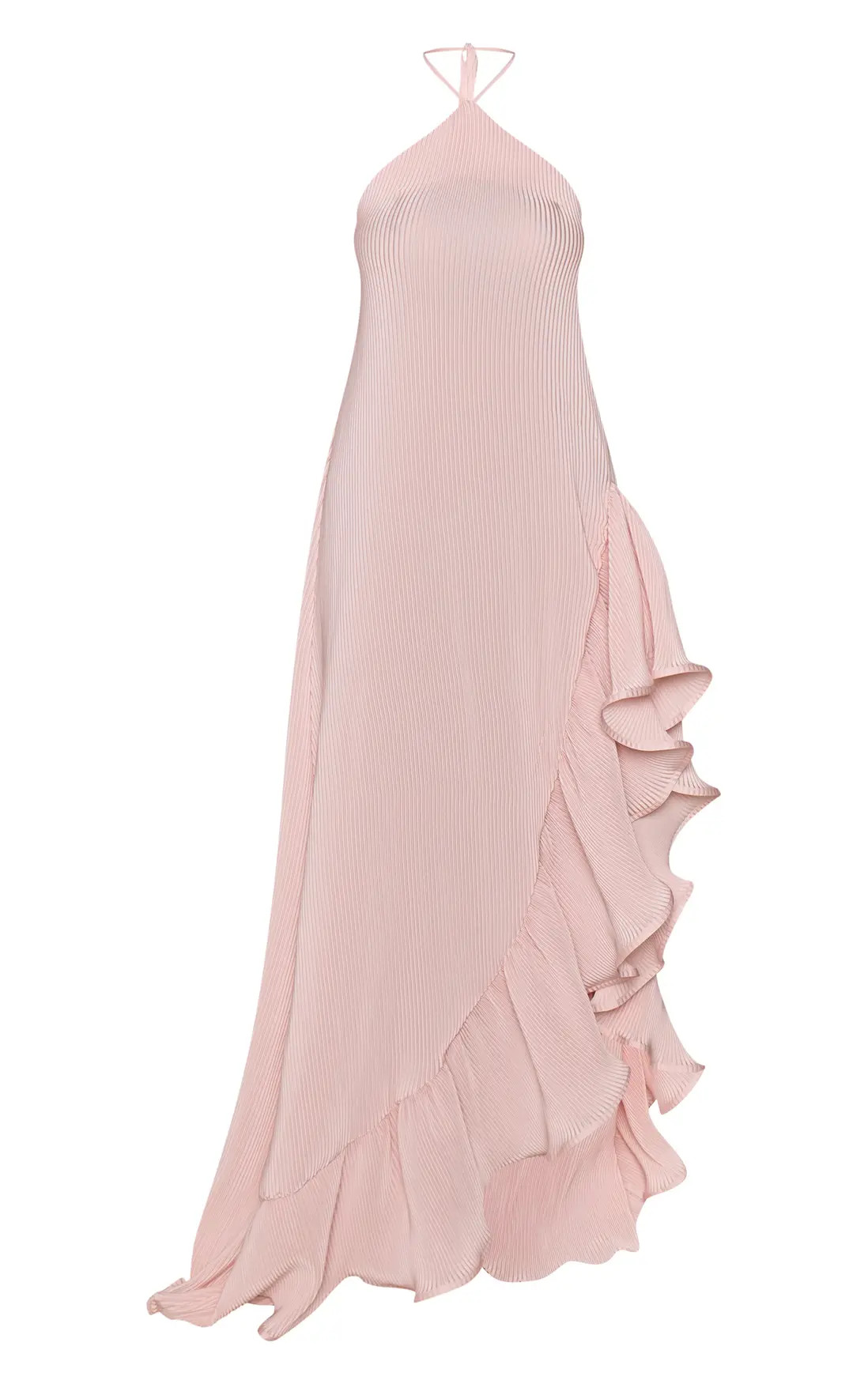 Baby Pink Satin Plisse Frill Detail Maxi Dress | PrettyLittleThing UK