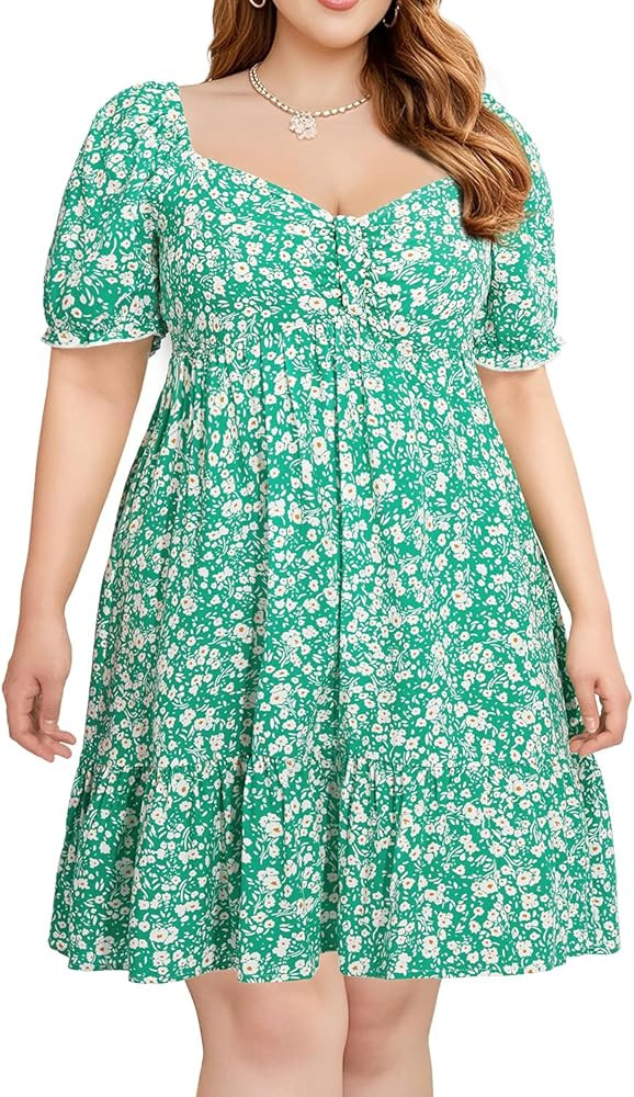 Women's Plus Size Summer Dress - Sweetheart Neck Puff Sleeve Casual Sundress Graduation Teen Baby... | Amazon (US)