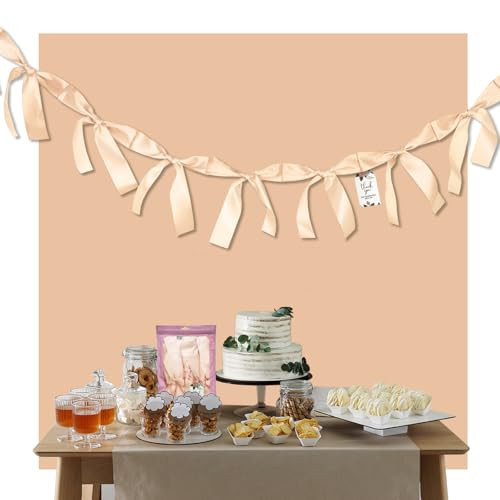 Eanjia Pre-Assembled Champagne Gold Bow Garland - 6ft Luxury Wedding Decor, Anniversary & Bridal Shower Banner, Thick Silk Satin No DIY Needed! (Champagne, 6ft) | Amazon (US)