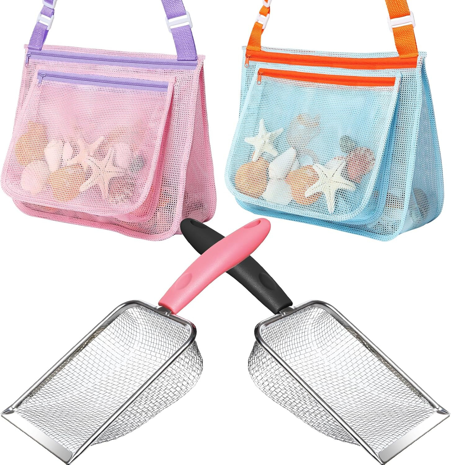 Beach Toy Set Include 2 Mesh Shovels and 2 Beach Mesh Bags,Kids Sand Sifter for Shells Collecting | Amazon (US)