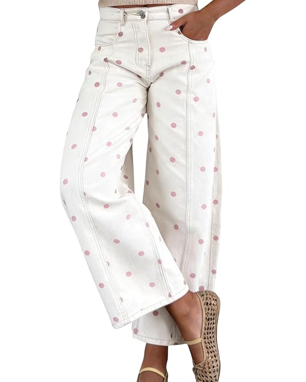 chouyatou Women's 2026 Polka Dot Pattern Barrel Jeans Boyfriend Y2K Casual Wide Leg Mid Rise Deni... | Amazon (US)