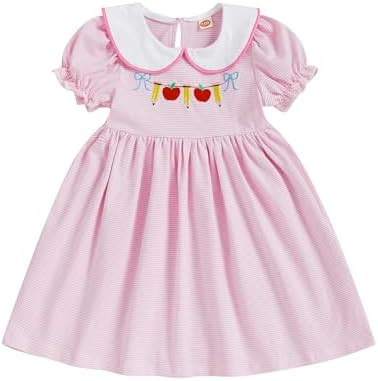 Toddler Girl Back to School Dress Embroidery Short Sleeve Smocked Dress First Day of Preschool Ki... | Amazon (US)