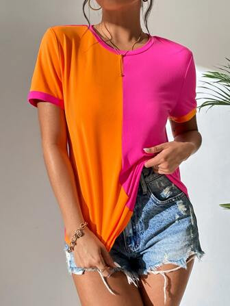 SHEIN Essnce Two Tone Round Neck Tee | SHEIN