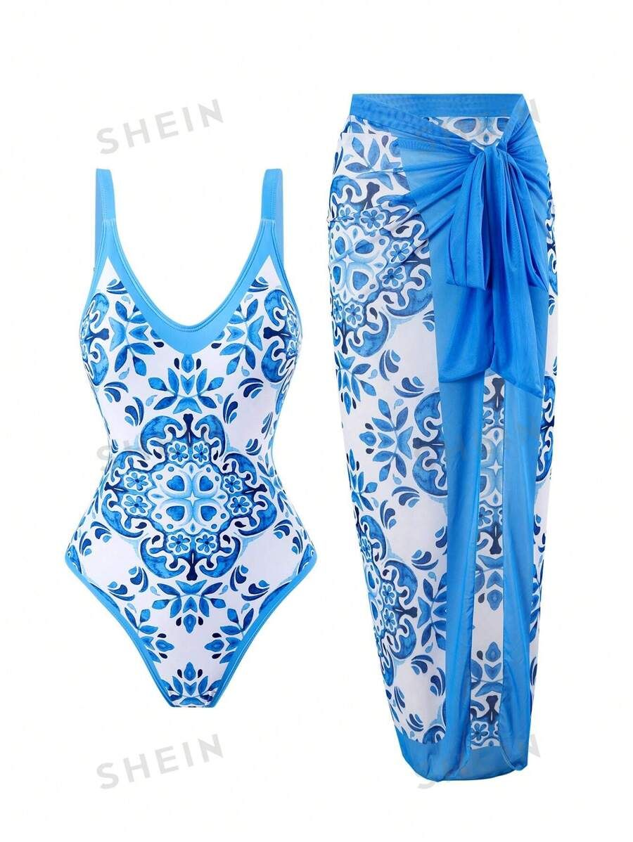 Printed One-Piece Swimsuit + Knotted Swim Skirt | SHEIN