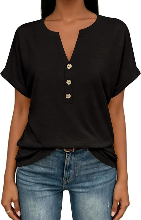 EyMuse Womens Short Sleeve Henley Tops Fashion Casual V Neck Summer Tshirt | Summer Button Up Top... | Amazon (US)